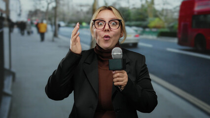 Woman reporter holding microphone with surprised expression on a city street with blurred traffic...