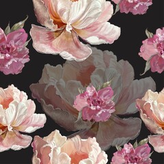 Seamless floral pattern with hand-drawn flowers on a  black background