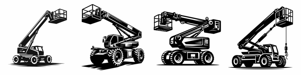 Boom Lift. Tools Equipment Hardware Construction Repair Diy Clipart Line Art Vector Illustration. Elevated work platform aerial device rental job site access solution.