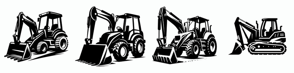 Naklejka premium Backhoe Loader. Tools Equipment Hardware Construction Repair Diy Clipart Line Art Vector Illustration. Excavator machinery earthmoving tractor for construction farming digging.