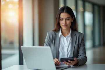 Confident businesswoman working on a laptop while using a smartphone in a bright, professional office setting. The background features modern architecture and warm natural lighting.