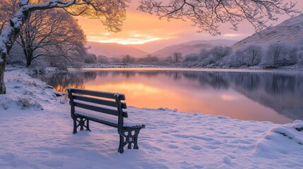 tranquil snowy bench overlooking a frozen lake reflecting hues of gold and pink from a winter sunset, Generative AI