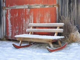 Wooden sled resting against a frost-covered barn in a quiet field, Generative AI