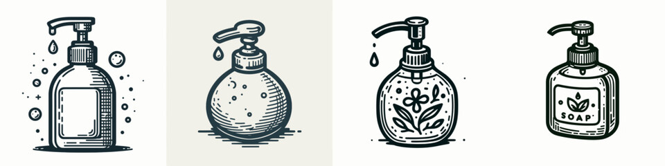 Obraz premium Soap dispenser. Tools Equipment Hardware Construction Repair Diy Clipart Line Art Vector Illustration. Liquid cleanser appliance hygiene solution gadget for restroom or kitchen.