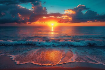 Sunset over sea with blue sky and clouds, tranquil beach scene.