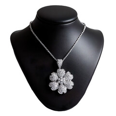 3d render of elegant diamond floral pendant necklace displayed on a black leather mannequin stand isolated on transparent background