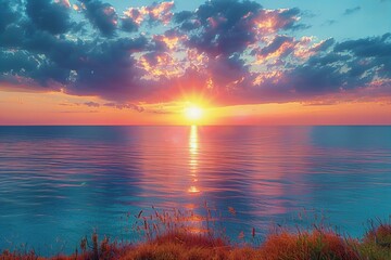 Sunset over sea with blue sky and clouds, tranquil beach scene.