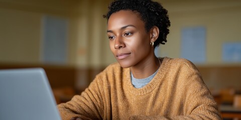 Focused student engaging in online learning with laptop in classroom setting