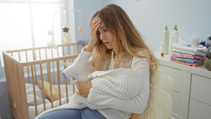 Woman sitting in bedroom holding baby looking worried with cradle nearby in calm indoor setting,...