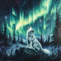 Naklejka premium Arctic Wolf Howling Under Aurora Borealis
