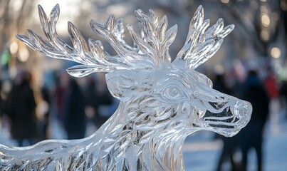 Intricate ice carvings of animals displayed in a winter art festival, Generative AI