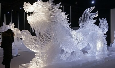 Intricate ice carvings of animals displayed in a winter art festival, Generative AI