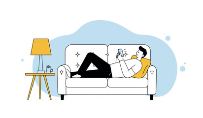 Obraz premium Young caucasian male relaxing on sofa using smartphone in modern living room