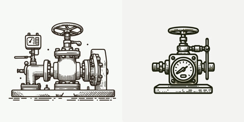 Gas valve station. Tools Equipment Hardware Construction Repair Diy Clipart Line Art Vector Illustration. Compressed fuel flow control depot industrial pipeline regulator location.