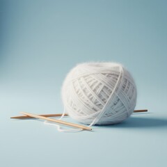 Ball of White Yarn with Wooden Knitting Needles