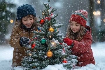 Children decorating an outdoor Christmas tree with colorful ornaments in the snow, Generative AI