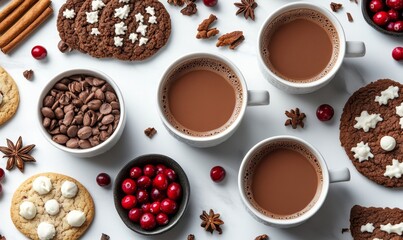 detailed flat-lay of steaming mugs of cocoa surrounded by holiday cookies, spices, and cranberries, Generative AI