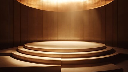 Obraz premium Golden cylindrical stage with multiple layers and vertical panel background illuminated