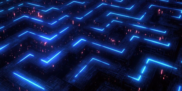 abstract pattern of glowing blue lines resembling a circuit board or network, with small red data points. Websites and blogs can use it for themes of technology, cybersecurity, data flow, or AI - Powered by Adobe