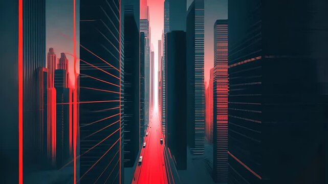 Futuristic city street with red neon lights and towering skyscrapers creating a dramatic tunnel-like effect in a cyberpunk urban setting

