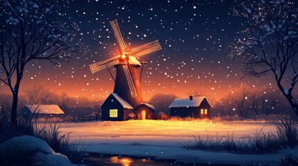 elegantly illustrated holiday card featuring a glowing snowy cathedral under golden twilight hues, Generative AI