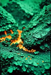 Featuring Fiery abstract landscape with molten metal and intense heat.