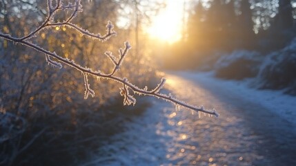 Glittering frost-covered branches arching over a quiet winter trail, Generative AI