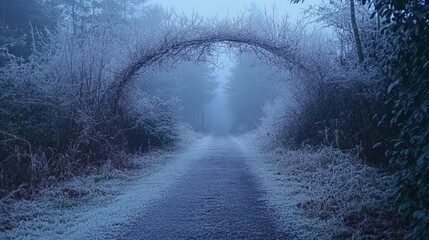 Glittering frost-covered branches arching over a quiet winter trail, Generative AI