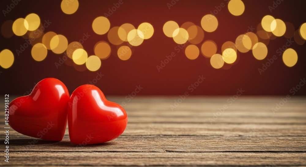 Poster two red hearts on rustic wood table with bokeh background