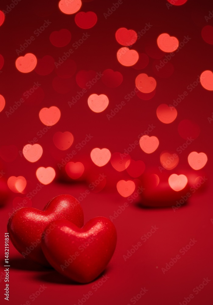 Poster two red hearts with red bokeh background