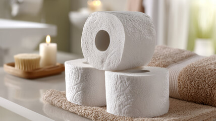 Three toilet paper rolls in a bathroom setting.