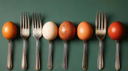 Various colored eggs balanced on vintage forks.