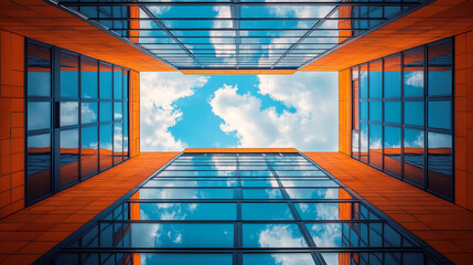 Modern architecture, looking up at a building with orange and glass facade, reflecting a vibrant blue sky and white clouds.