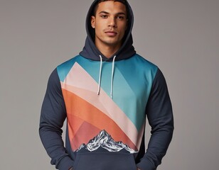 Young man in a colorful hoodie with mountain design, exuding confidence and style.