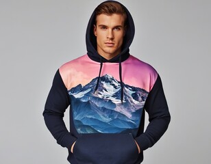Handsome young man in a colorful hoodie featuring a mountain landscape, exuding confidence and style.