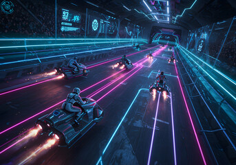 Futuristic motorcycle race in neon tunnel