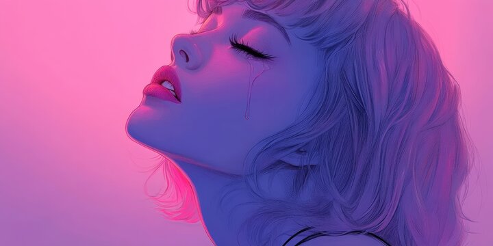 An evocative portrait of a crying woman bathed in neon pink and purple light, conveying deep emotion. Perfect for artistic expression, emotional themes, or mood-setting content.