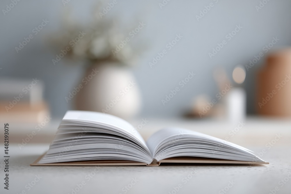 Poster minimalistic flat lay of open finance textbook on desk with notebook calculator and pen