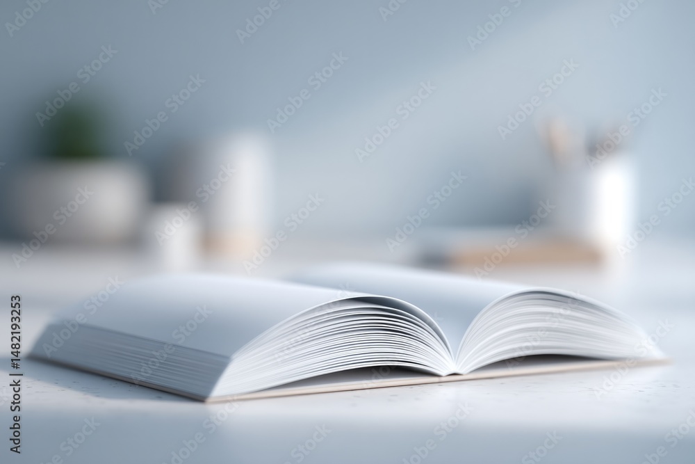 Poster minimalistic flat lay of open finance textbook on desk with notebook calculator and pen
