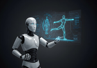 Futuristic robot interacting with holographic human body display