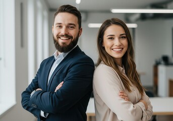 Smiling business man and woman standing back to back in a modern office environment