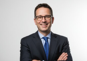 Smiling businessman in suit and tie with arms crossed poses against a white background