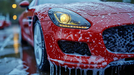 Red sports car covered in soapy suds at a car wash.