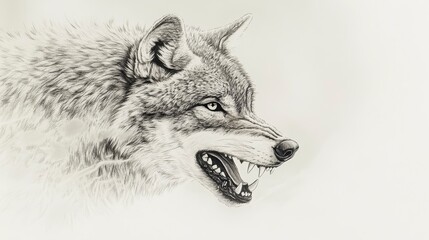 A detailed grayscale drawing of a wolf's head, snarling, showcasing its teeth and fur texture.