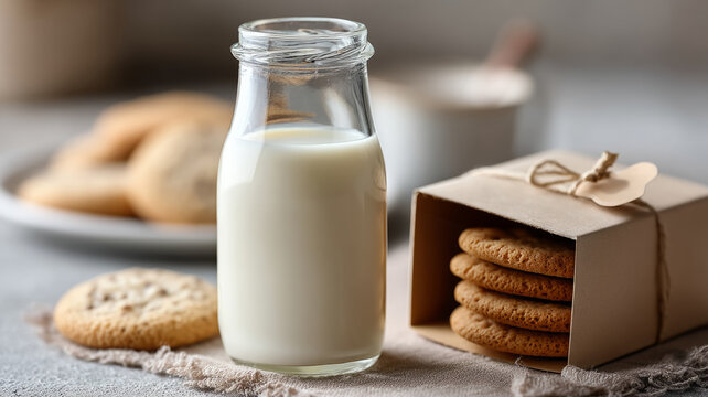 Glass bottle of milk with cookies on rustic surface. - Powered by Adobe