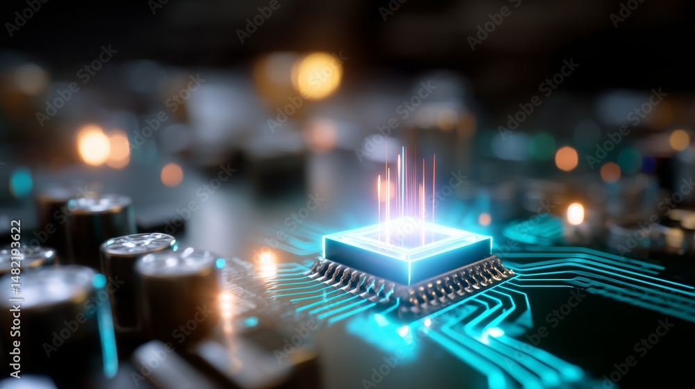 Poster complex microchip glowing in a high-tech circuit board at night showcasing advanced technology and i