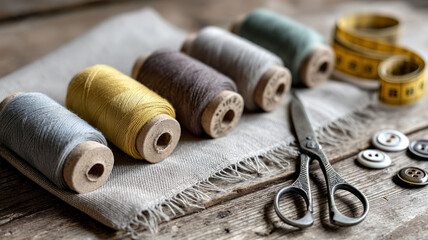 Colorful thread spools with scissors on a rustic fabric surface.