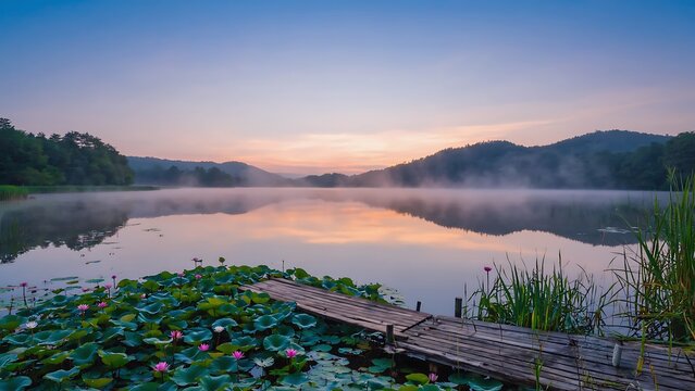Serene sunrise over a misty lake