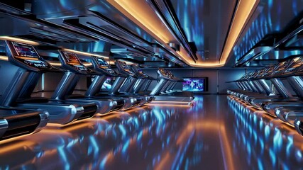Futuristic gym interior with glowing lights and reflective floor, modern high-tech fitness environment animation symbolizing innovation and health lifestyle design - Powered by Adobe
