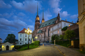 Brno, Czechia. View of Cathedral of St. Peter and Paul at dusk